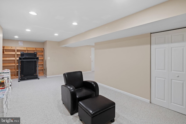 sitting room featuring recessed lighting, carpet flooring, and baseboards