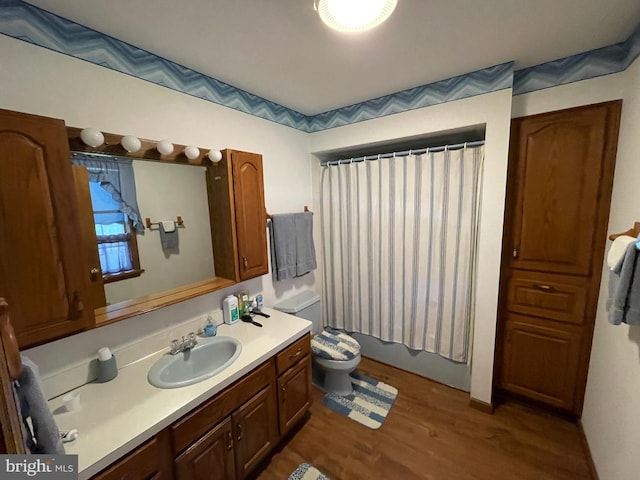 bathroom featuring toilet, wood finished floors, and vanity