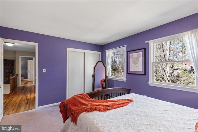 carpeted bedroom featuring multiple windows, baseboards, and a closet