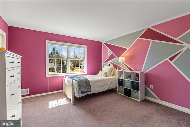 carpeted bedroom with baseboards and visible vents