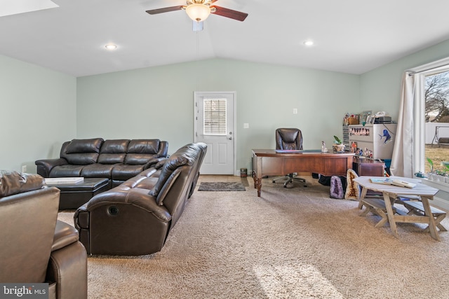 carpeted living room with recessed lighting, a ceiling fan, and vaulted ceiling