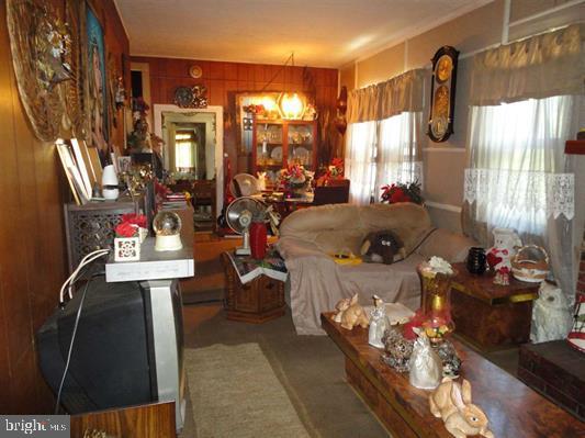 living room with wooden walls and carpet floors