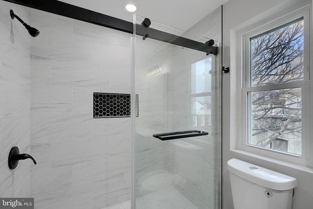 full bathroom featuring a stall shower and toilet