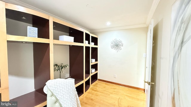 mudroom with hardwood / wood-style flooring and ornamental molding