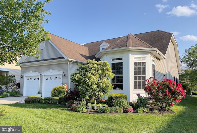 view of front of house featuring a garage, driveway, a shingled roof, and a front lawn