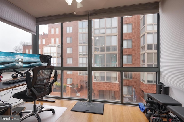 office area with floor to ceiling windows and wood finished floors