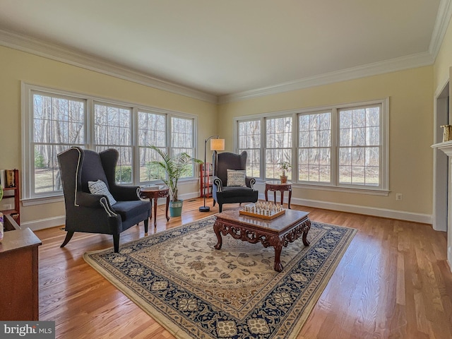 living area featuring baseboards, ornamental molding, a wealth of natural light, and light wood-style floors