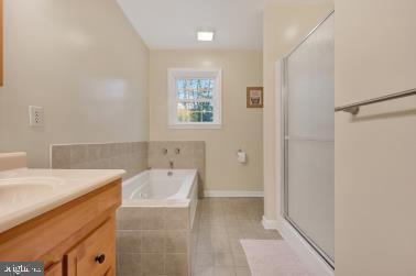 full bathroom with baseboards, a shower stall, vanity, and a bath