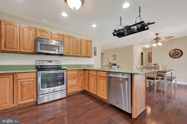 kitchen with dark wood finished floors, tasteful backsplash, appliances with stainless steel finishes, a sink, and a peninsula