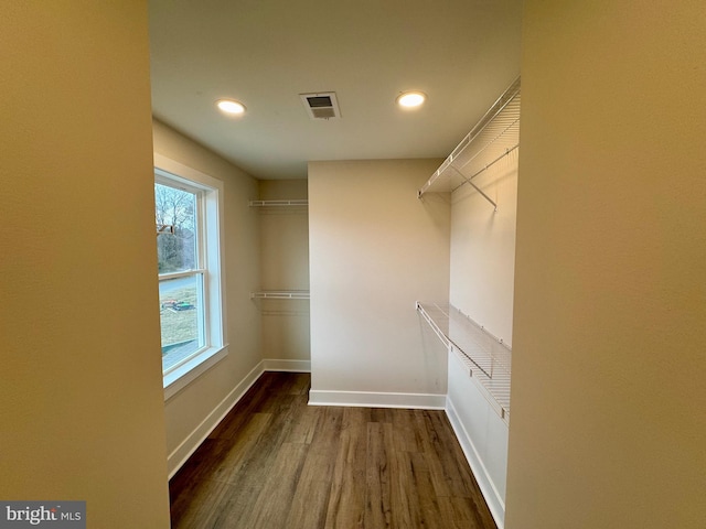 walk in closet with visible vents and dark wood finished floors