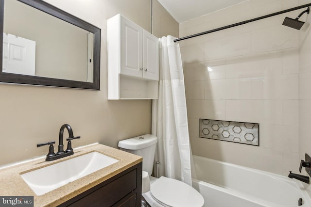 bathroom featuring shower / bath combination with curtain, vanity, and toilet