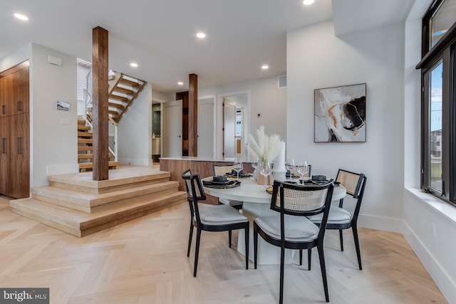 dining space with recessed lighting, visible vents, stairway, and baseboards