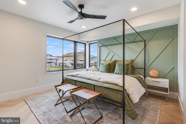 bedroom featuring recessed lighting, a ceiling fan, and baseboards