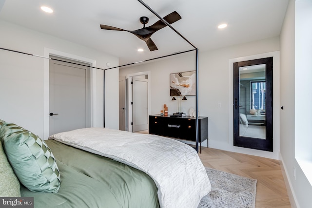 bedroom with recessed lighting, ceiling fan, and baseboards