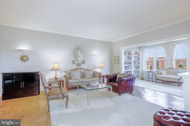 living area with crown molding