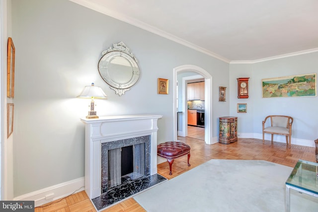 living area with crown molding, a premium fireplace, and baseboards