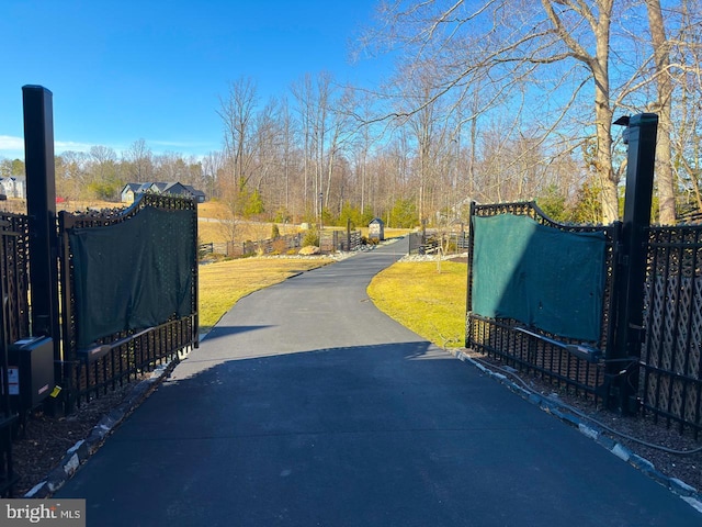 view of road with aphalt driveway and a gate