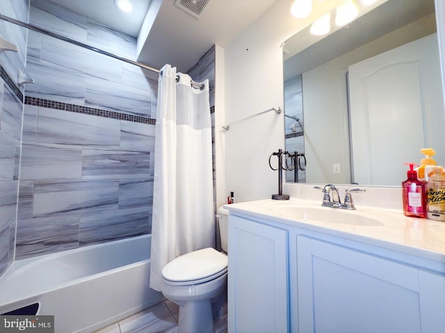 bathroom featuring visible vents, toilet, vanity, and shower / bathtub combination with curtain