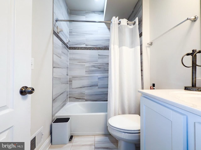 bathroom featuring vanity, toilet, shower / bathtub combination with curtain, and visible vents