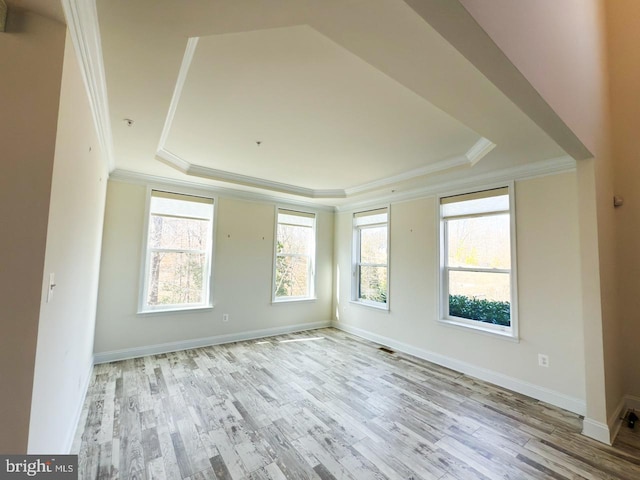 empty room featuring a tray ceiling, wood finished floors, baseboards, and ornamental molding