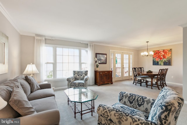 living room featuring light carpet, french doors, and a wealth of natural light