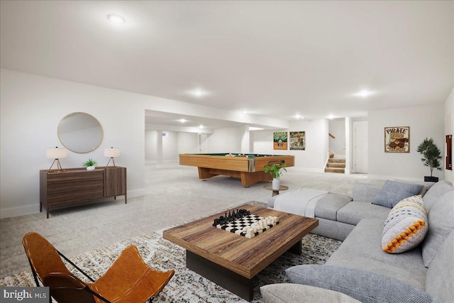 carpeted living room featuring stairs, baseboards, and billiards