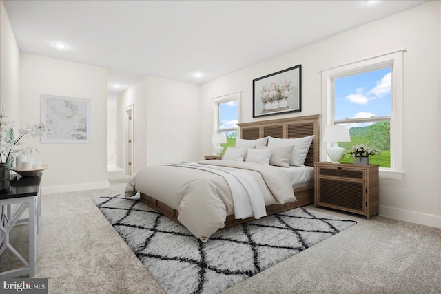 bedroom with recessed lighting, baseboards, and carpet