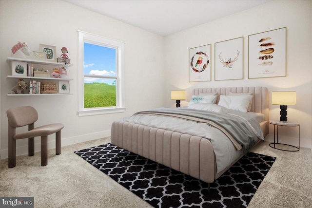 bedroom with baseboards and carpet