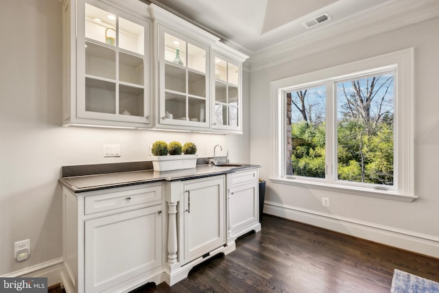 bar with baseboards, visible vents, dark wood-style flooring, crown molding, and a sink