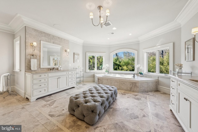 full bath featuring ornamental molding, vanity, and a bath