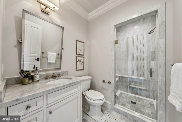 bathroom with toilet, a stall shower, ornamental molding, and vanity