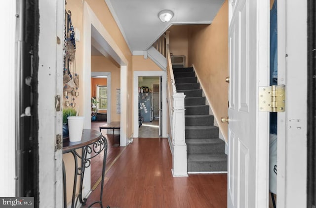 foyer with dark wood-type flooring and stairway