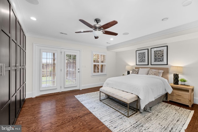 bedroom featuring ceiling fan, crown molding, access to exterior, and dark hardwood / wood-style floors