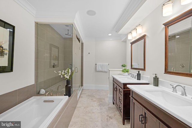 bathroom with vanity, independent shower and bath, and crown molding