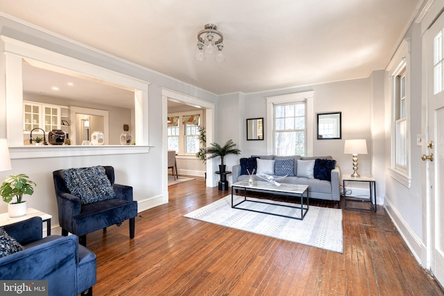 living room featuring ornamental molding, hardwood / wood-style flooring, and baseboards