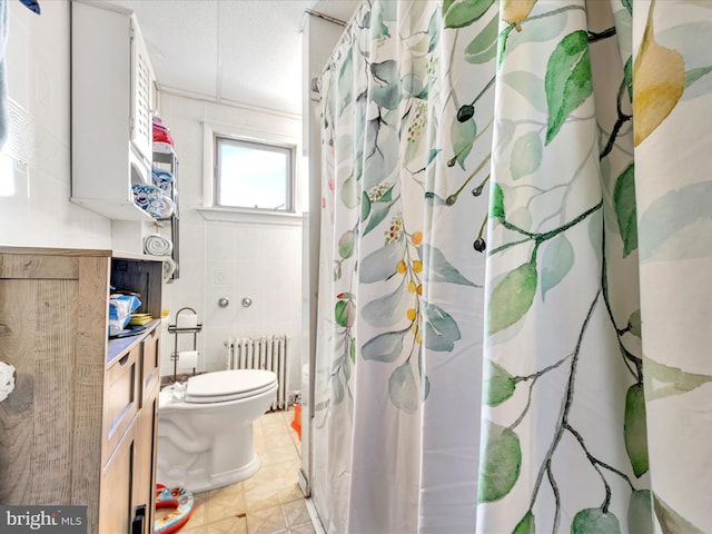 bathroom with tile walls, radiator, a shower with shower curtain, toilet, and a textured ceiling