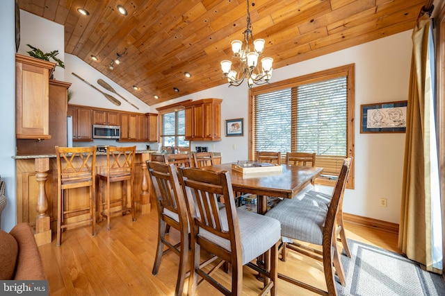 dining room featuring an inviting chandelier, light wood-style floors, vaulted ceiling, wooden ceiling, and baseboards