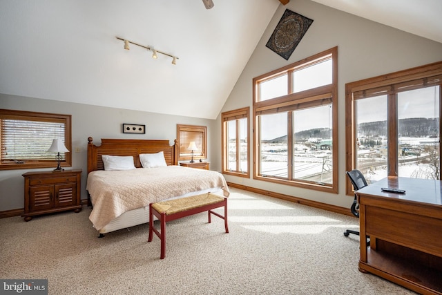 bedroom with baseboards, track lighting, a mountain view, and light colored carpet