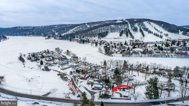 snowy aerial view featuring a mountain view