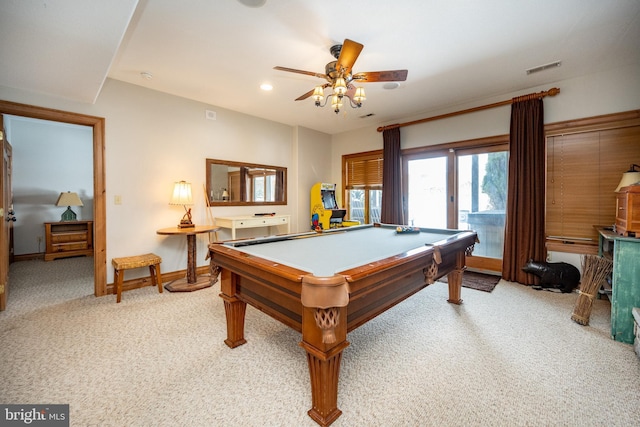 rec room featuring baseboards, a ceiling fan, visible vents, and light colored carpet