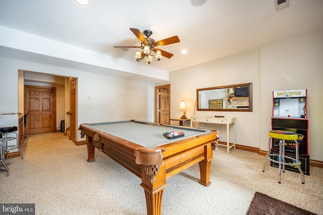 game room featuring recessed lighting, light colored carpet, visible vents, a ceiling fan, and billiards