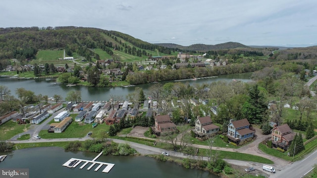 bird's eye view with a residential view and a water and mountain view