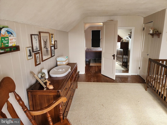 interior space featuring lofted ceiling and dark wood-style floors