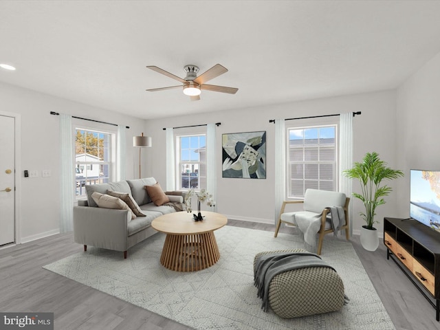 living area with ceiling fan, light wood finished floors, and baseboards