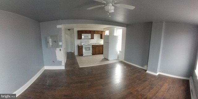 unfurnished living room with electric panel, ceiling fan, dark wood-type flooring, and sink