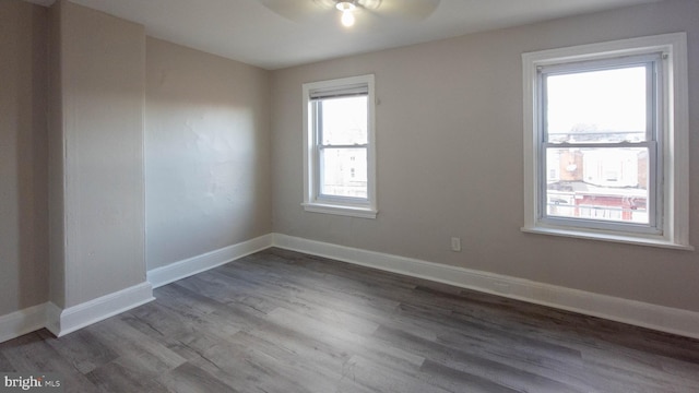 spare room with hardwood / wood-style floors and ceiling fan