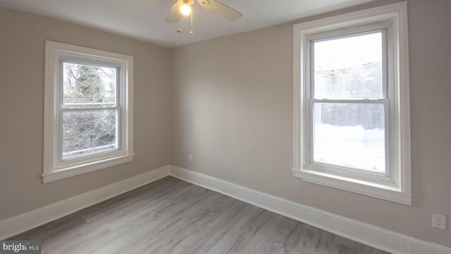 spare room with light hardwood / wood-style floors and ceiling fan