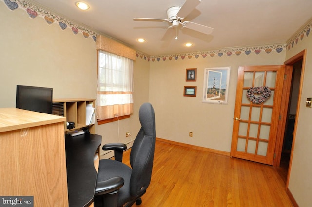 office space with recessed lighting, a ceiling fan, light wood-type flooring, and baseboards