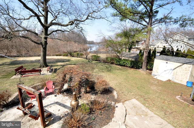 view of yard featuring a storage shed and an outdoor structure