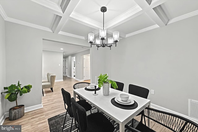 dining area featuring visible vents, light wood-style flooring, an inviting chandelier, coffered ceiling, and baseboards